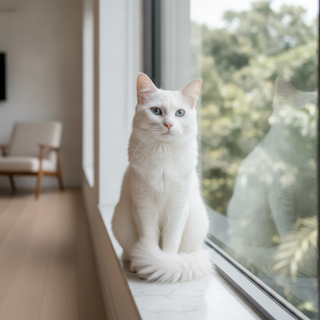 Kucing Turkish Angora putih duduk di tepi tingkap dalam kondominium Malaysia yang cerah
