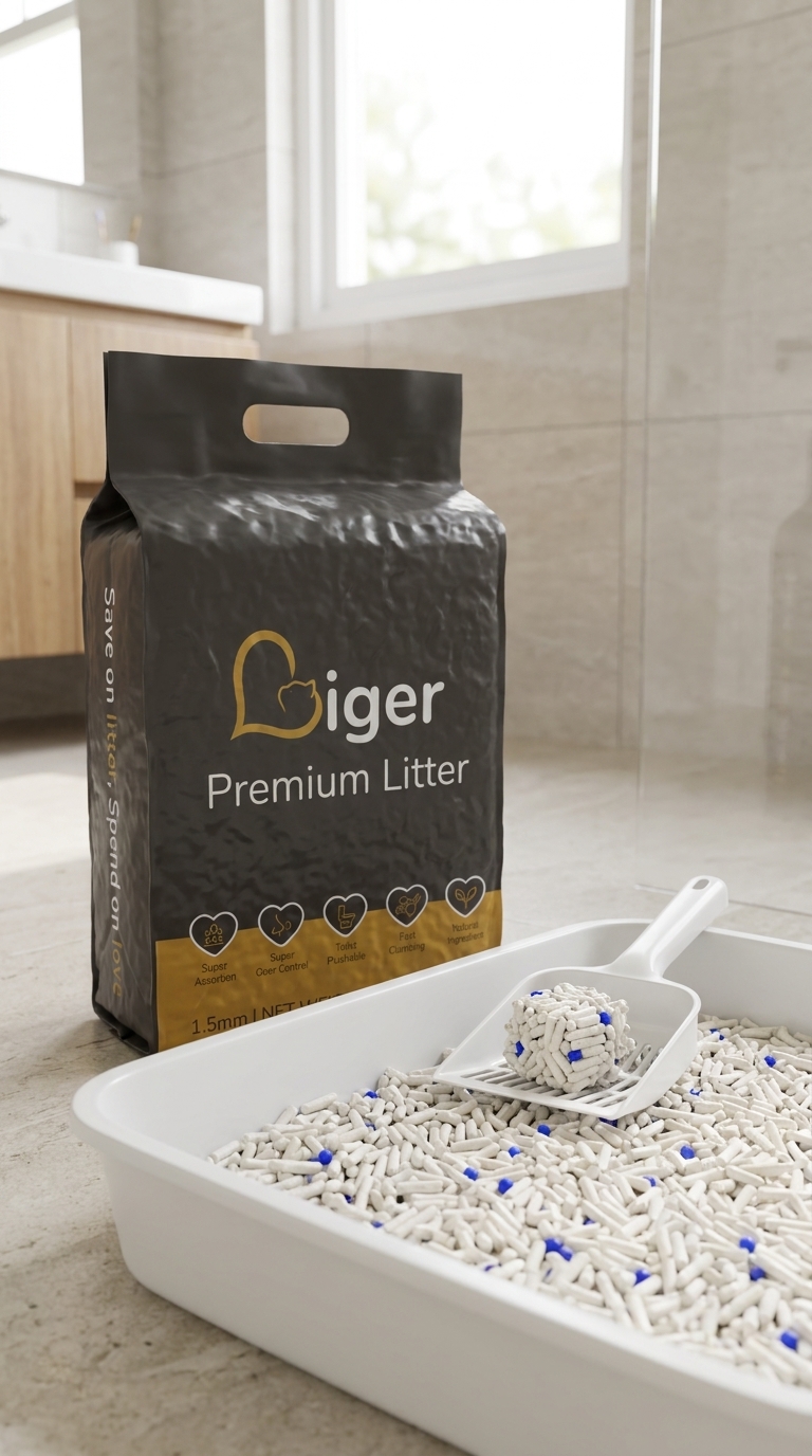 Liger Premium Tofu Cat Litter pack beside a tray of tofu litter pellets
