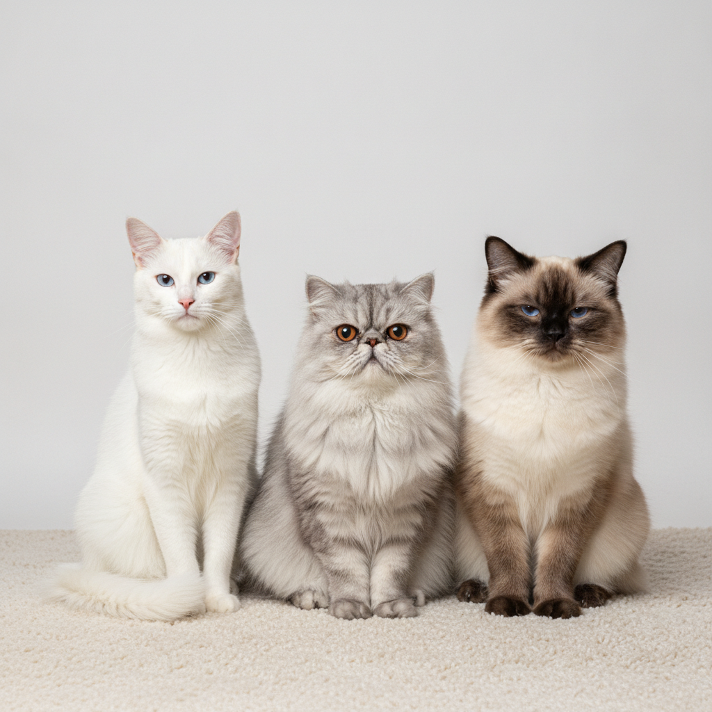 Turkish Angora, Persian and Ragdoll cats sitting side by side for comparison