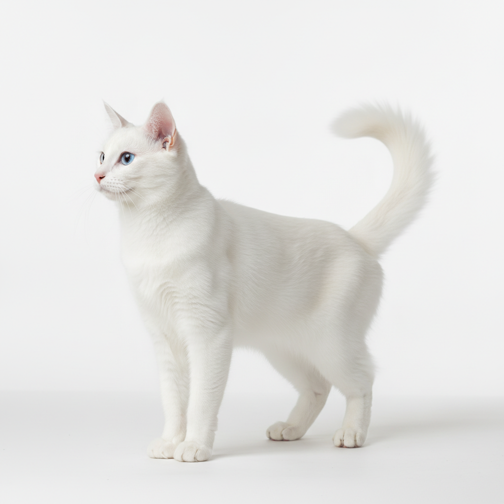 Pure white Turkish Angora cat in profile showing its slender body and plumed tail