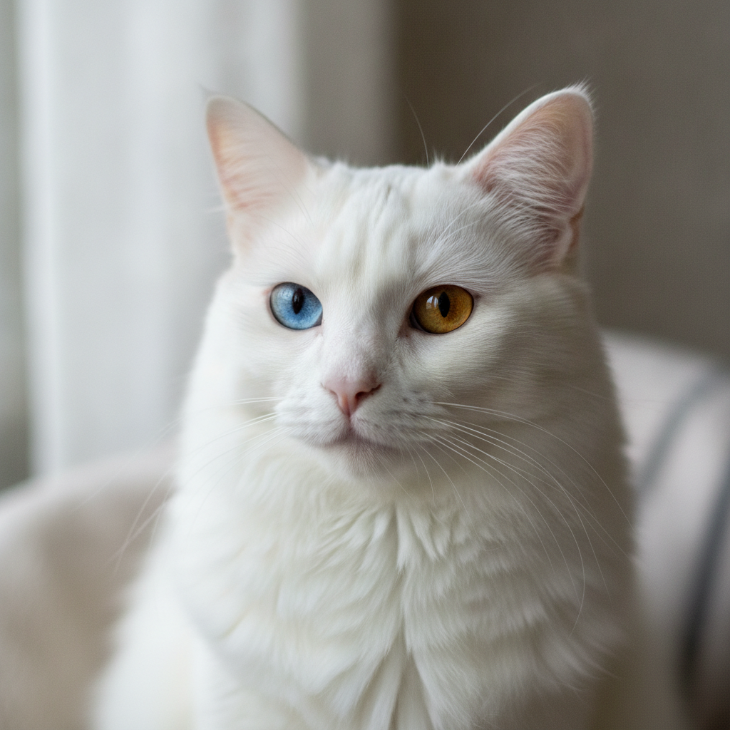 White Turkish Angora cat with odd-coloured eyes, one blue and one amber