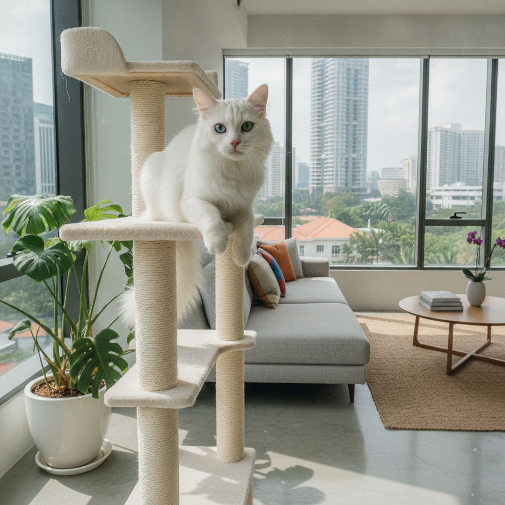 Active Turkish Angora cat perched on top of a tall cat tree in a Malaysian condo