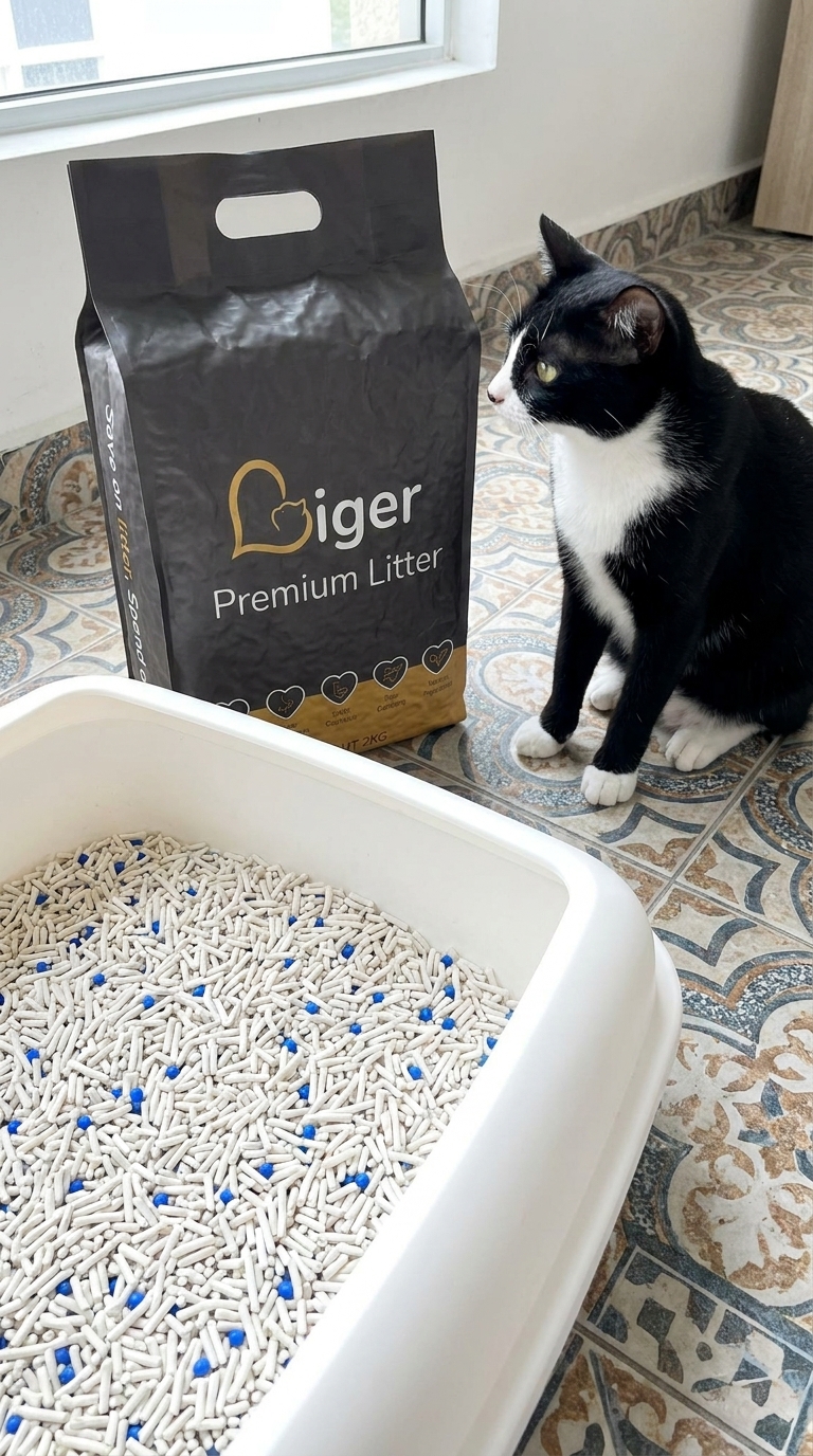 Beg Liger Premium Tofu Cat Litter di sebelah kotak pasir bersih dengan kucing tuxedo berdekatan