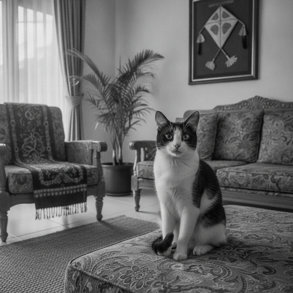 Seekor kucing tuxedo yang anggun duduk dengan bangga di atas sofa