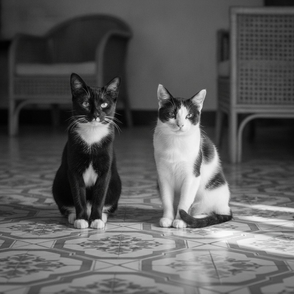 Dua ekor kucing hitam putih menunjukkan gred white spotting yang berbeza