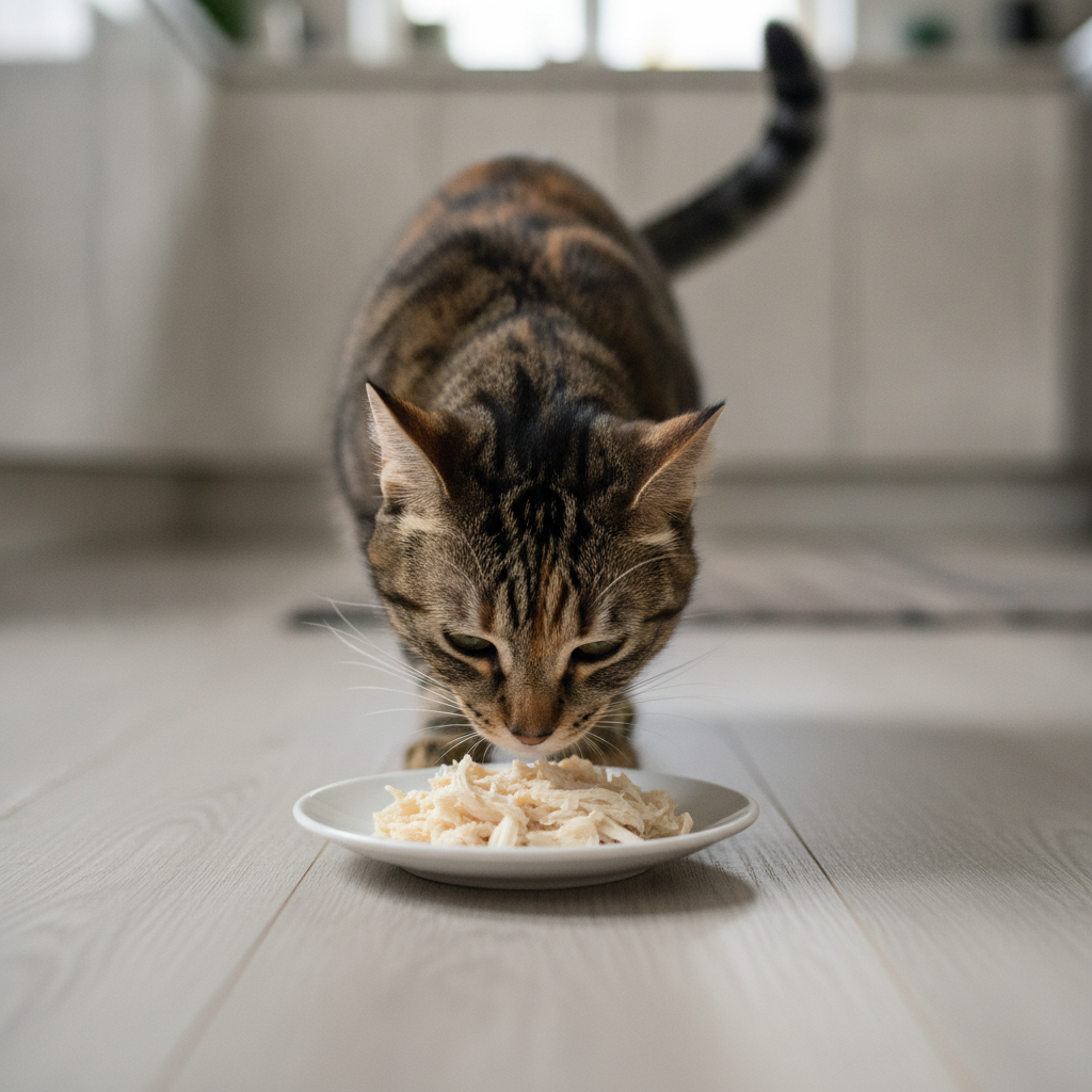 A cat sniffing small pieces of plain cooked chicken on a saucer