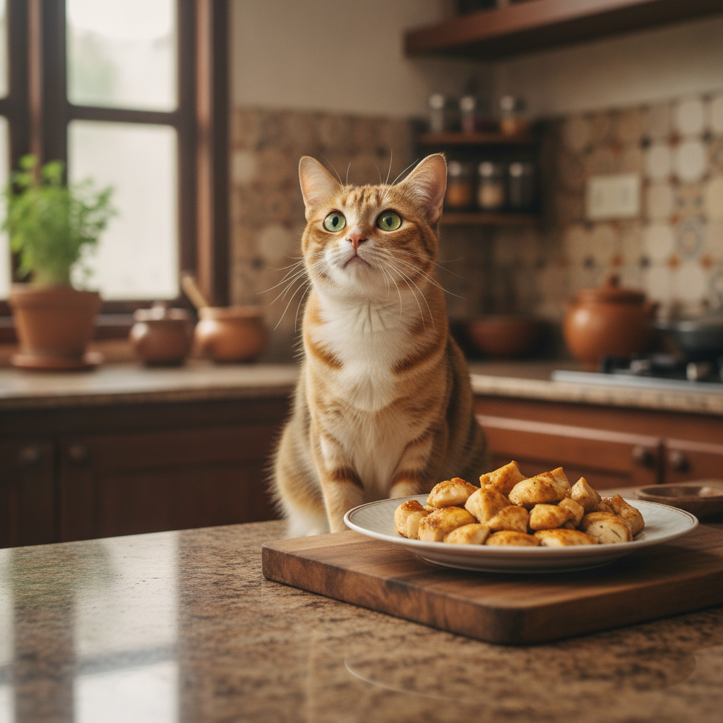 Seekor kucing yang ingin tahu memandang sepinggan ayam masak tanpa perasa di dapur Malaysia