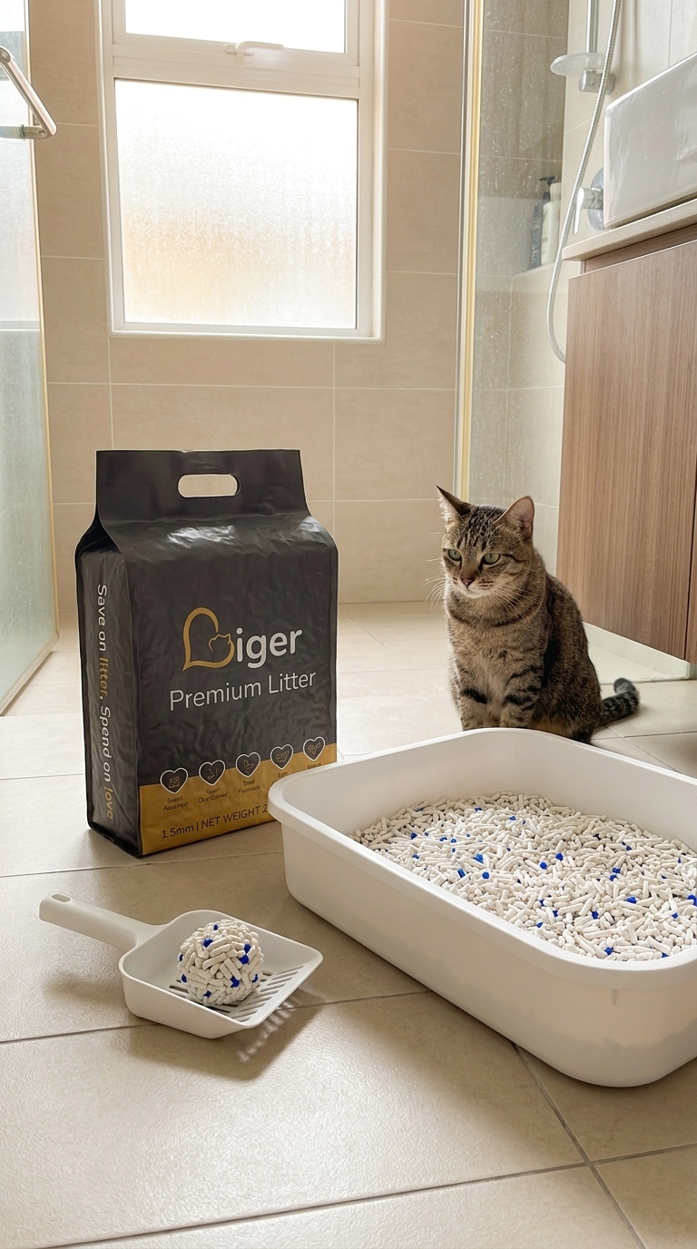 A Liger tofu cat litter pouch beside a clean litter tray for monitoring digestion