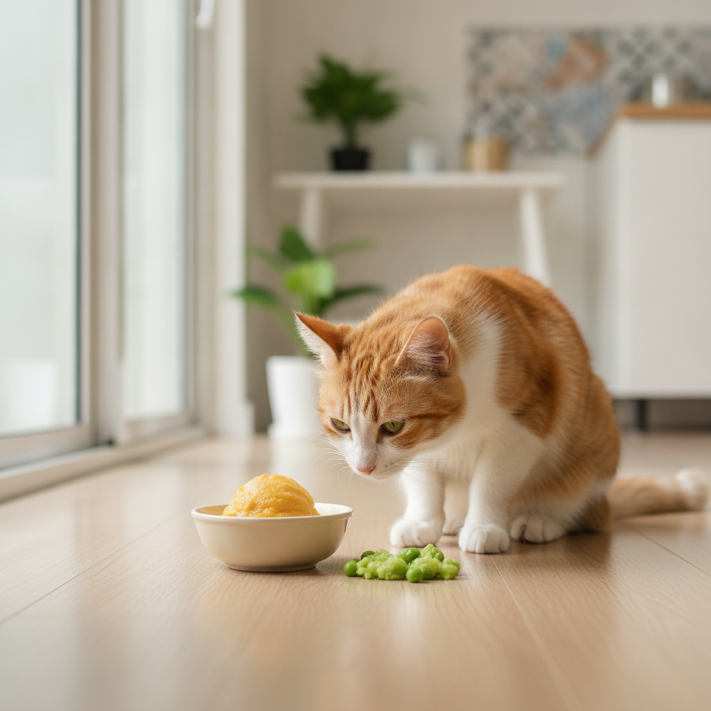 A small dish of plain cooked pumpkin and peas beside a cat