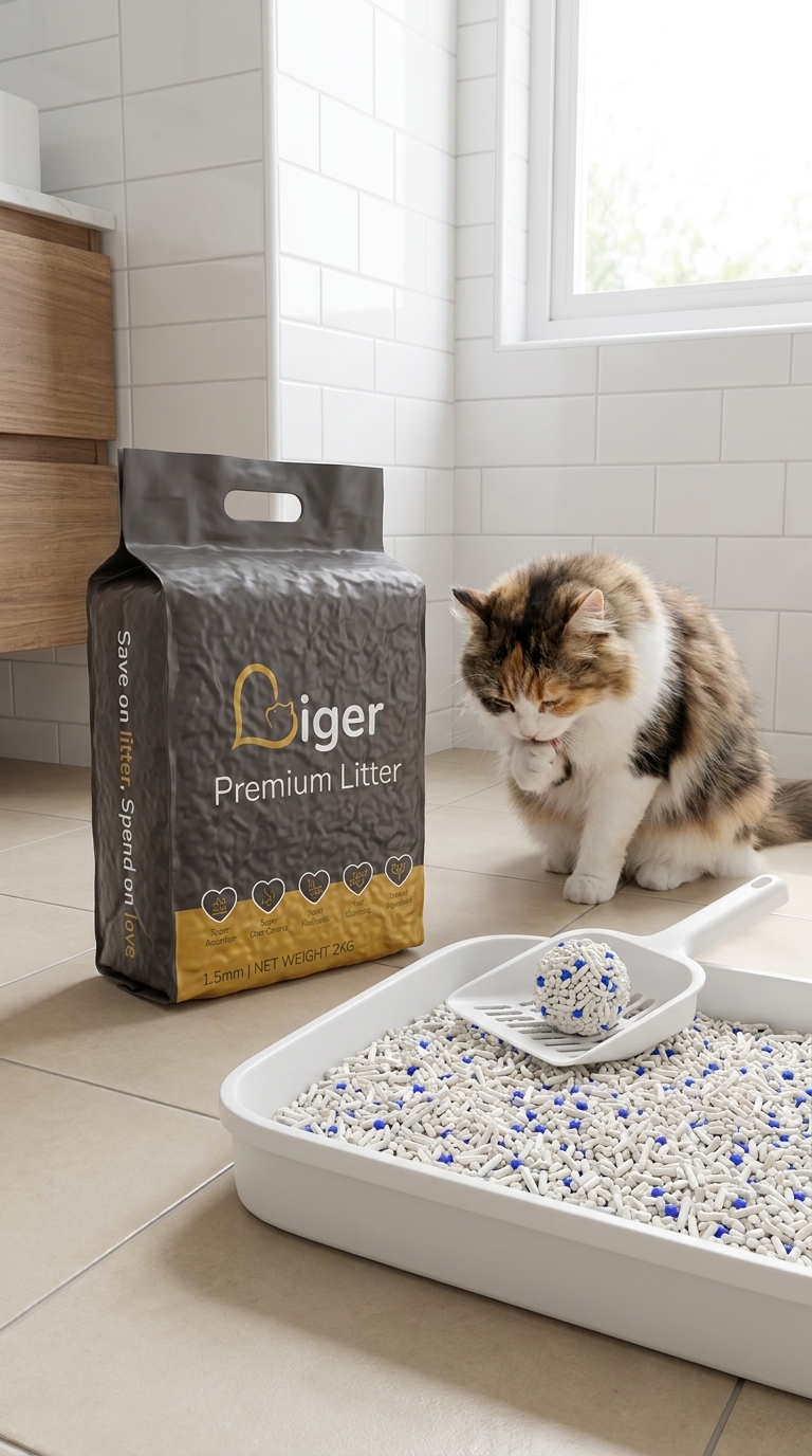A Liger tofu cat litter pouch beside a litter tray with a cat grooming itself clean nearby