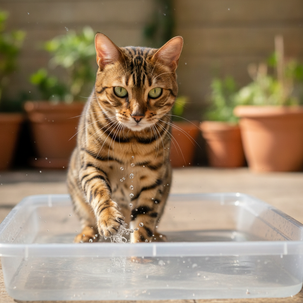 A spotted Bengal cat playfully pawing at water in a shallow tray