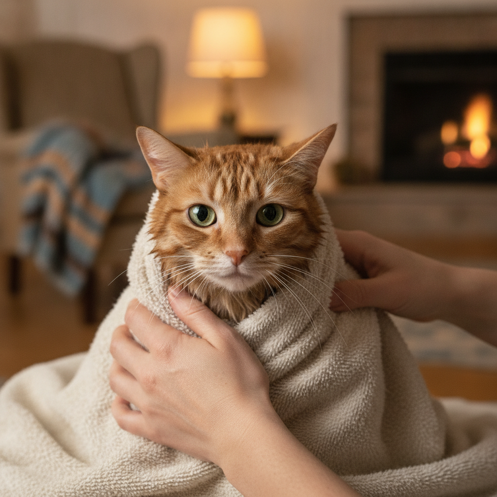 A wet cat wrapped in a towel being gently dried, its fur matted flat