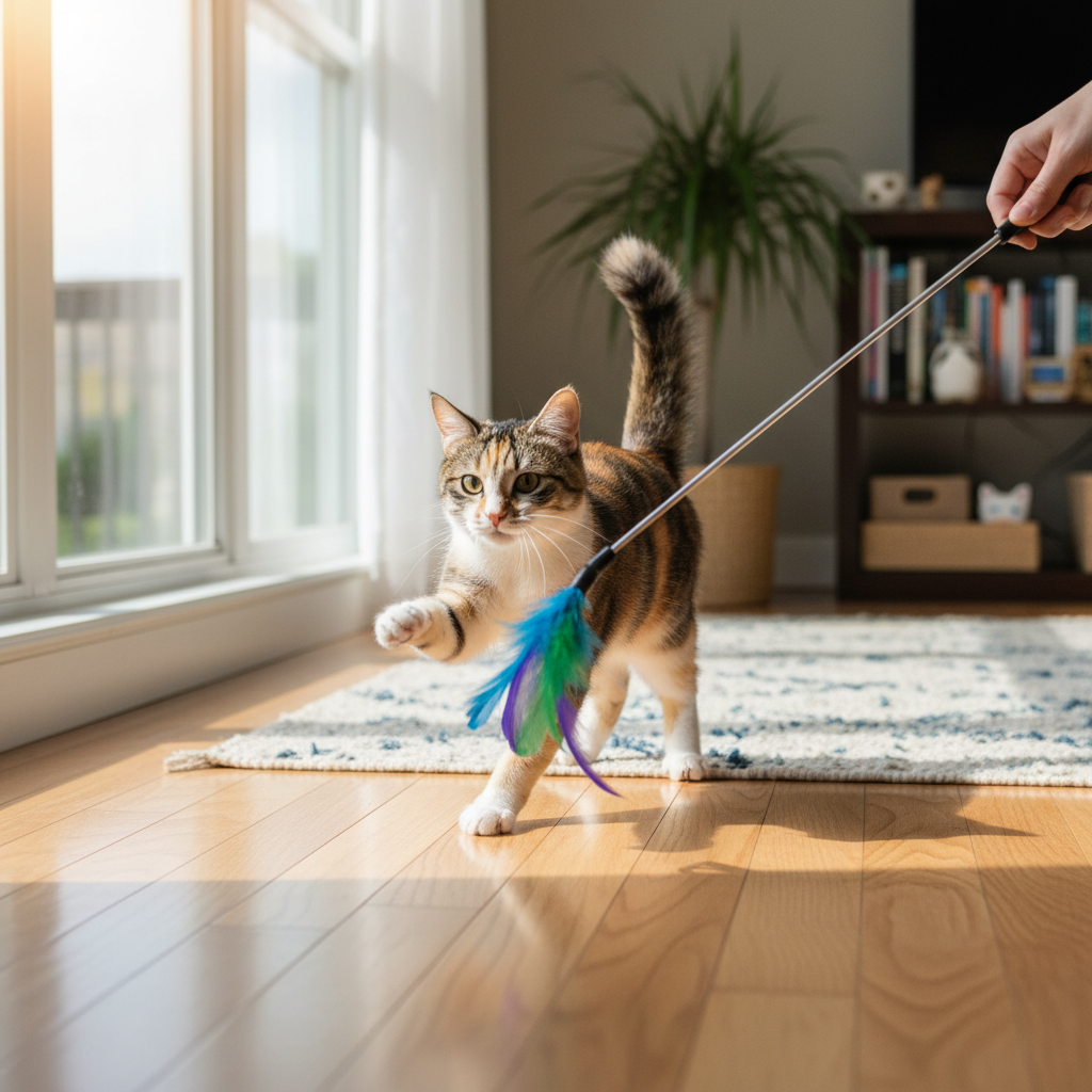 Adult cat playing with enrichment toy