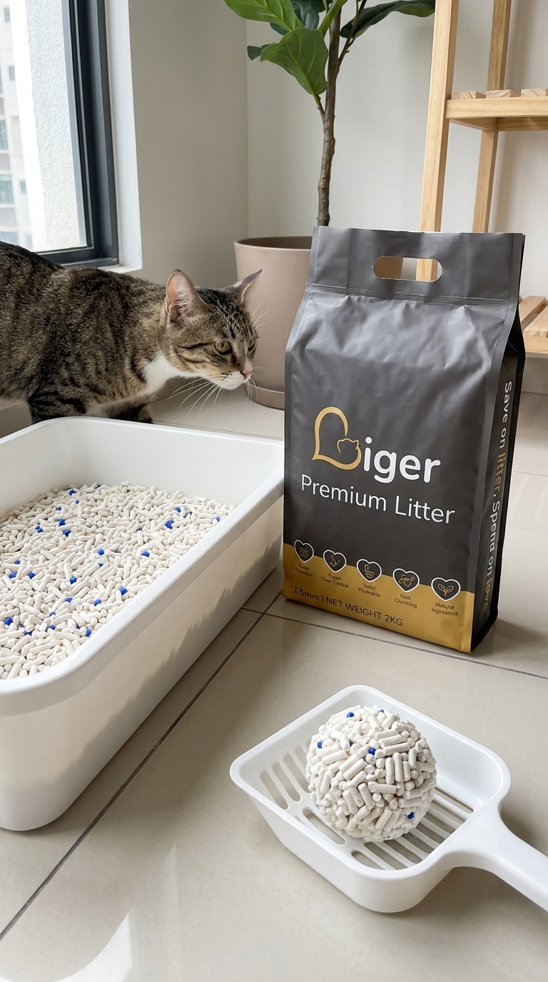 Liger豆腐猫砂包装袋摆放在整洁猫砂盆旁,一只放松自信的猫咪在明亮马来西亚公寓一角探索