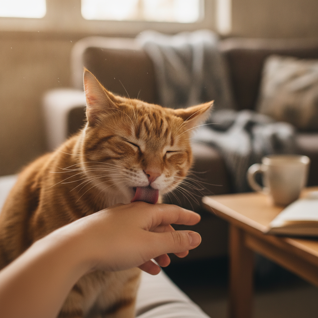 一只满足的猫咪轻轻舔着主人手背