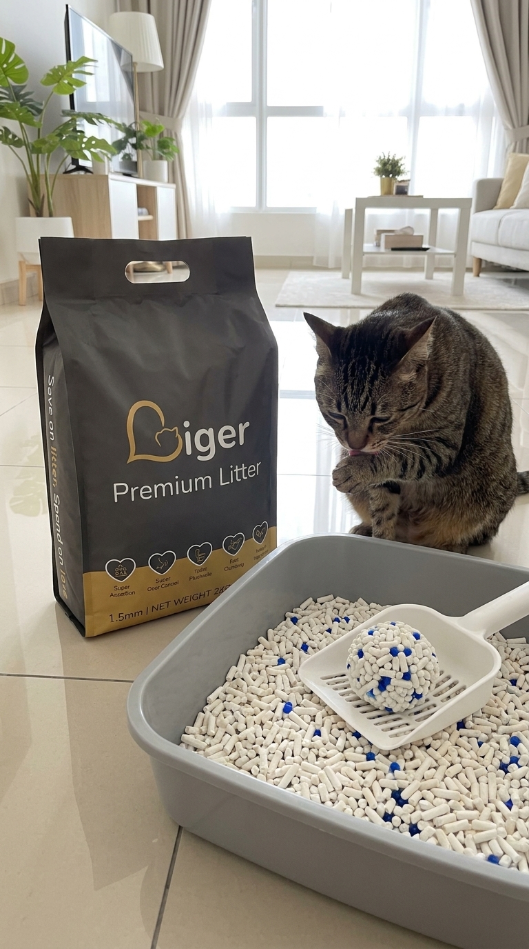 Liger豆腐猫砂包装袋放在干净猫砂盆旁边,一只健康的猫咪在旁边梳理爪子