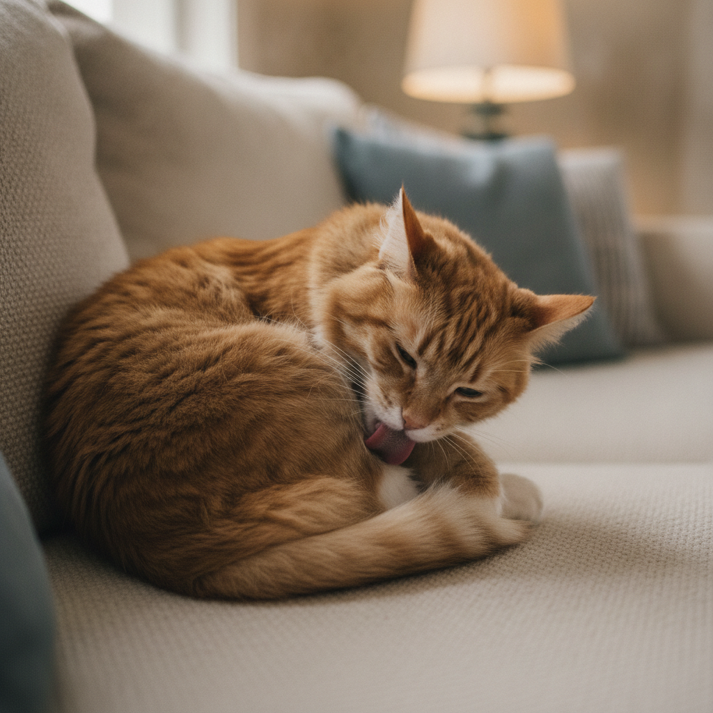 一只猫咪专注地在沙发上梳理自己的肚子