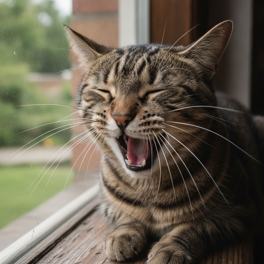 Gambar dekat seekor kucing sedang mengiau di atas tingkap