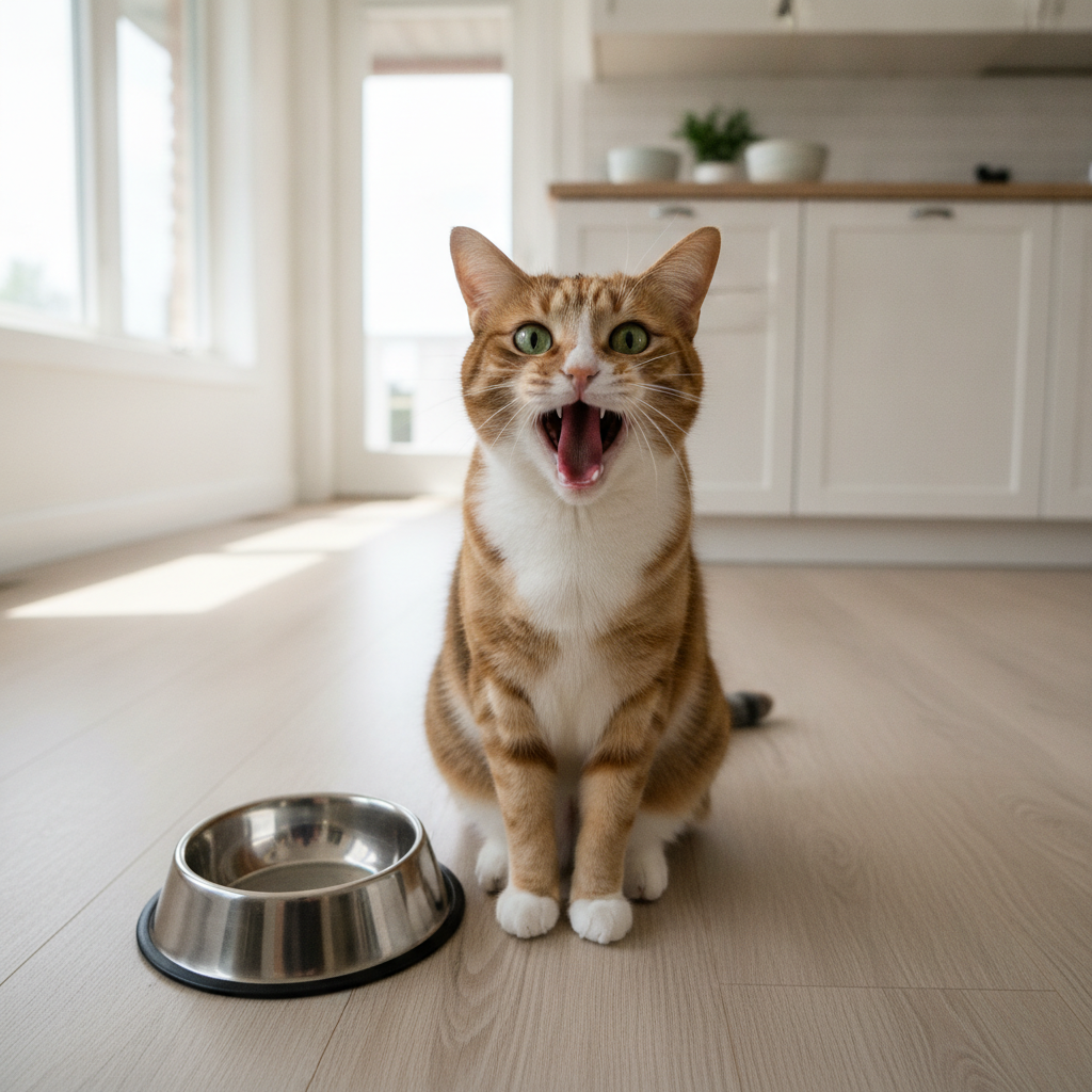 Seekor kucing mengiau dengan kuat di sebelah mangkuk makan yang kosong