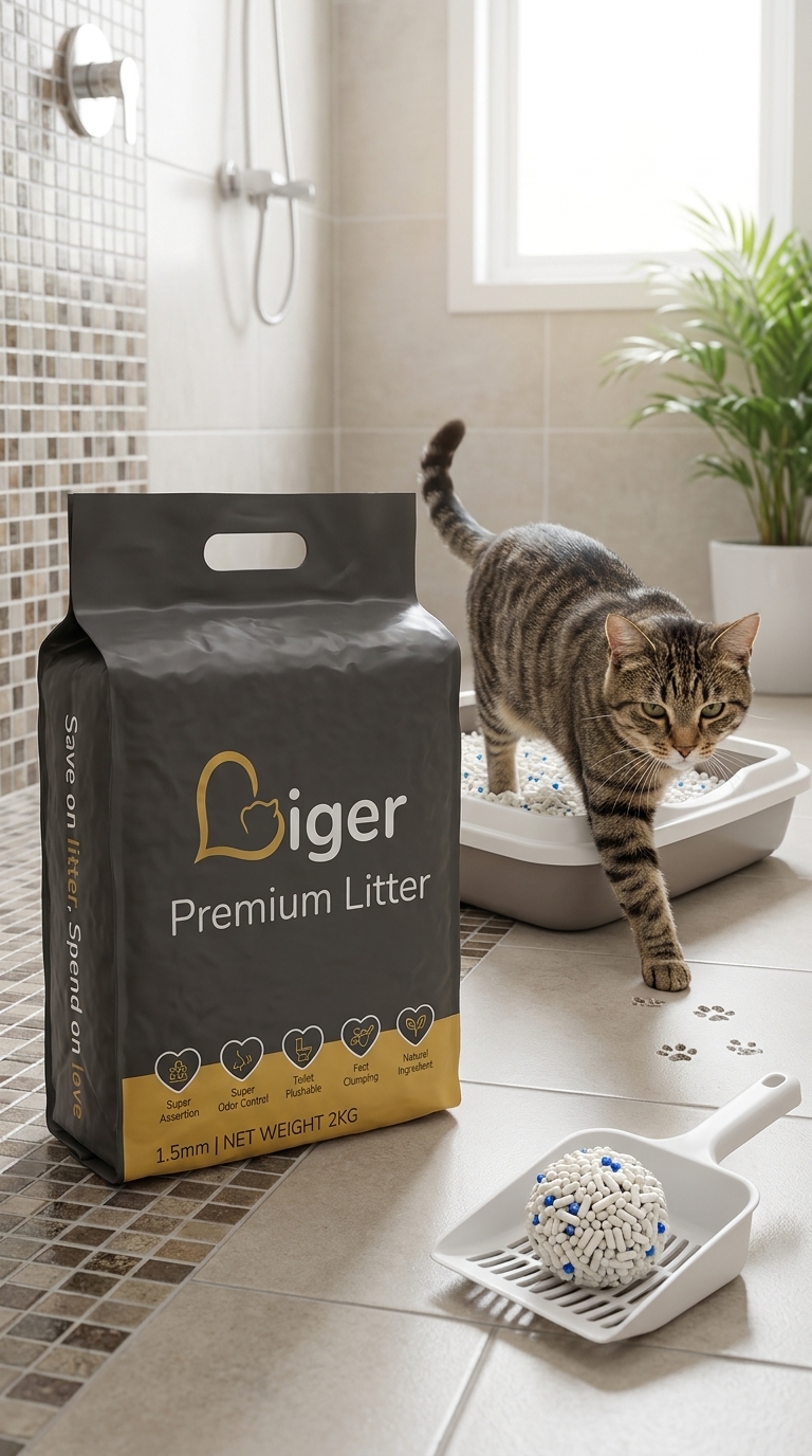 Sebungkus pasir kucing tauhu Liger di sebelah dulang pasir bersih dengan seekor kucing yang tenang