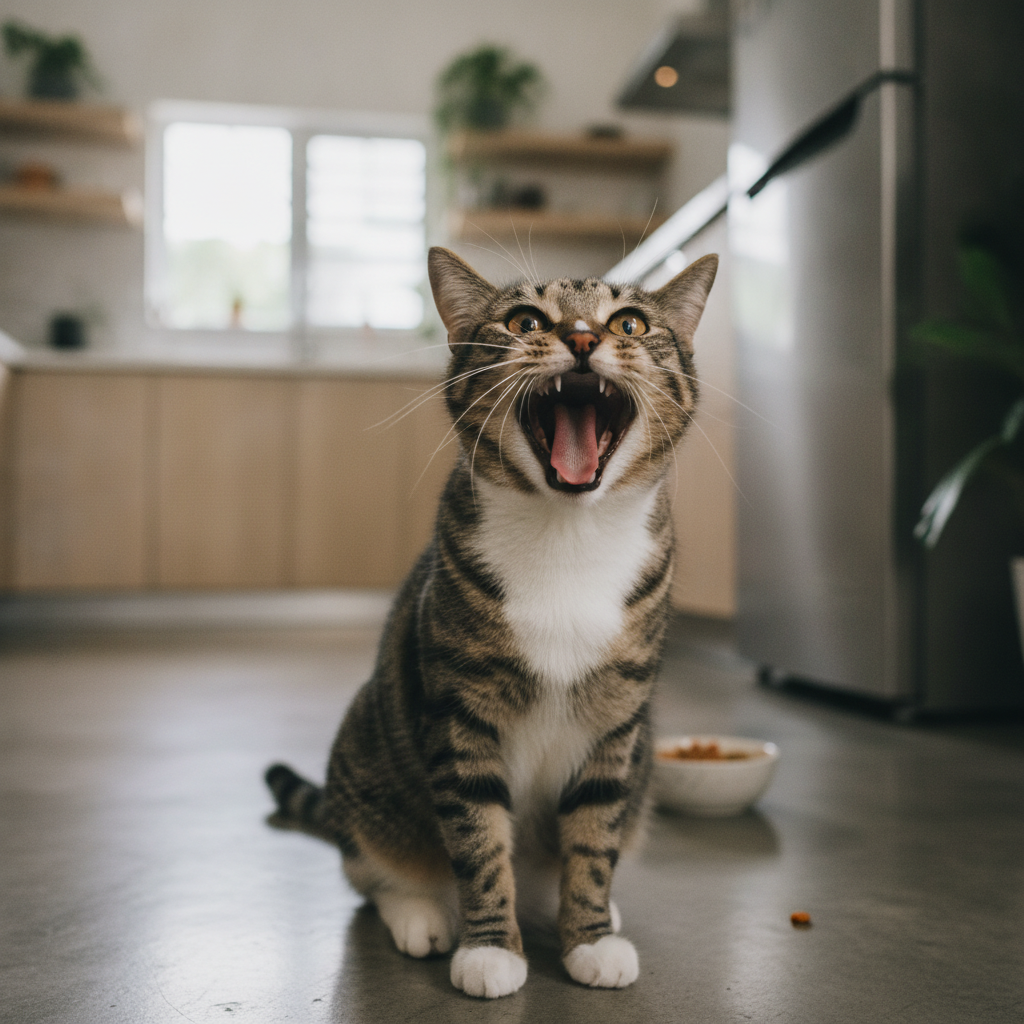 Seekor kucing tembam duduk di lantai dapur sambil mengiau memandang tuannya