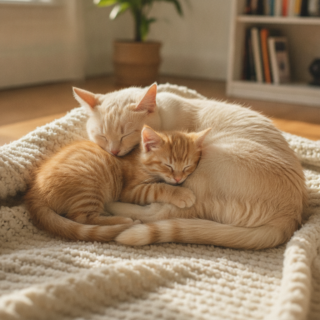 一只幼猫和一只成猫依偎在柔软毯子上一起打盹