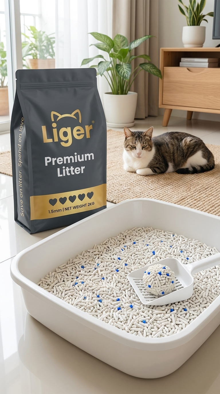 Liger豆腐猫砂包装袋放在干净低门槛猫砂盆旁，一只平静的老年猫在柔和日光下休息