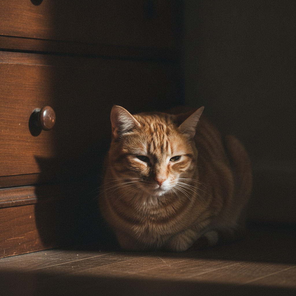 一只猫蜷缩在家具下昏暗角落里呈紧绷姿势，可能是生病的迹象