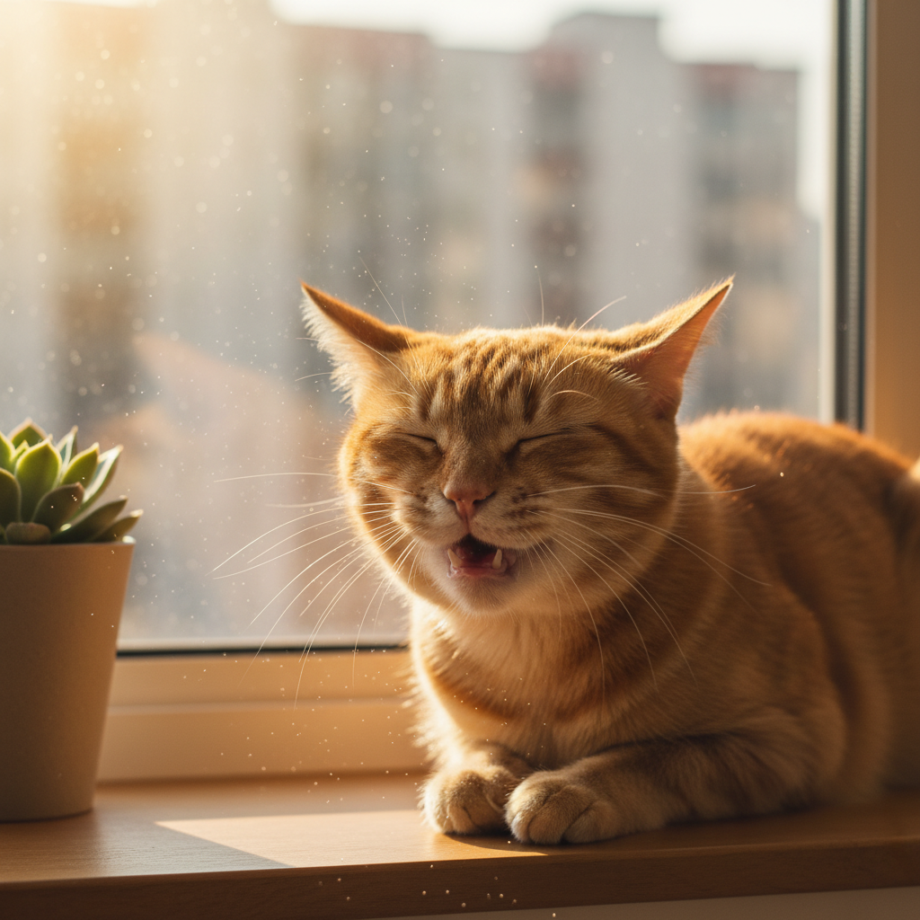 Ginger cat sneezing on a sunlit windowsill with dust visible in the light beam
