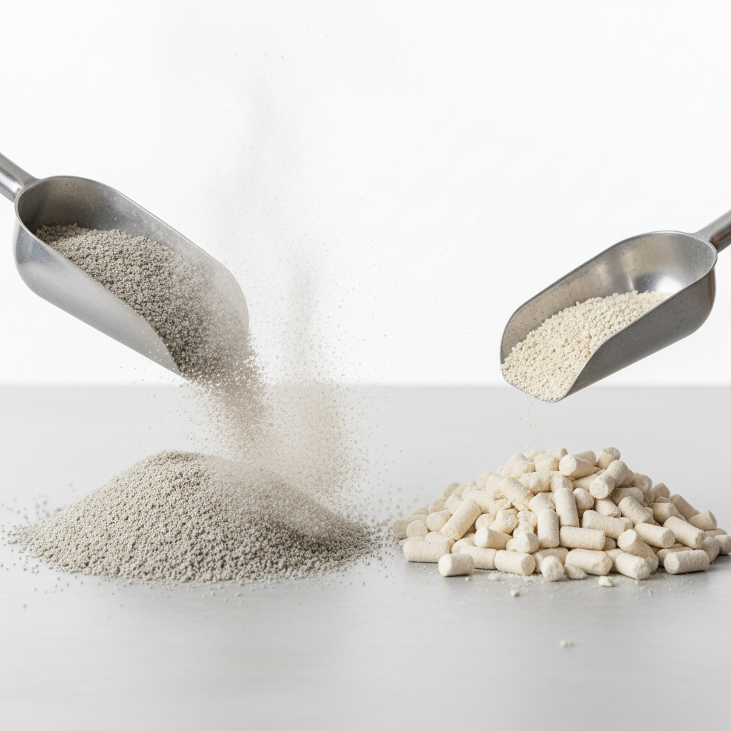 Dusty bentonite clay litter versus low-dust off-white tofu litter pellets side by side