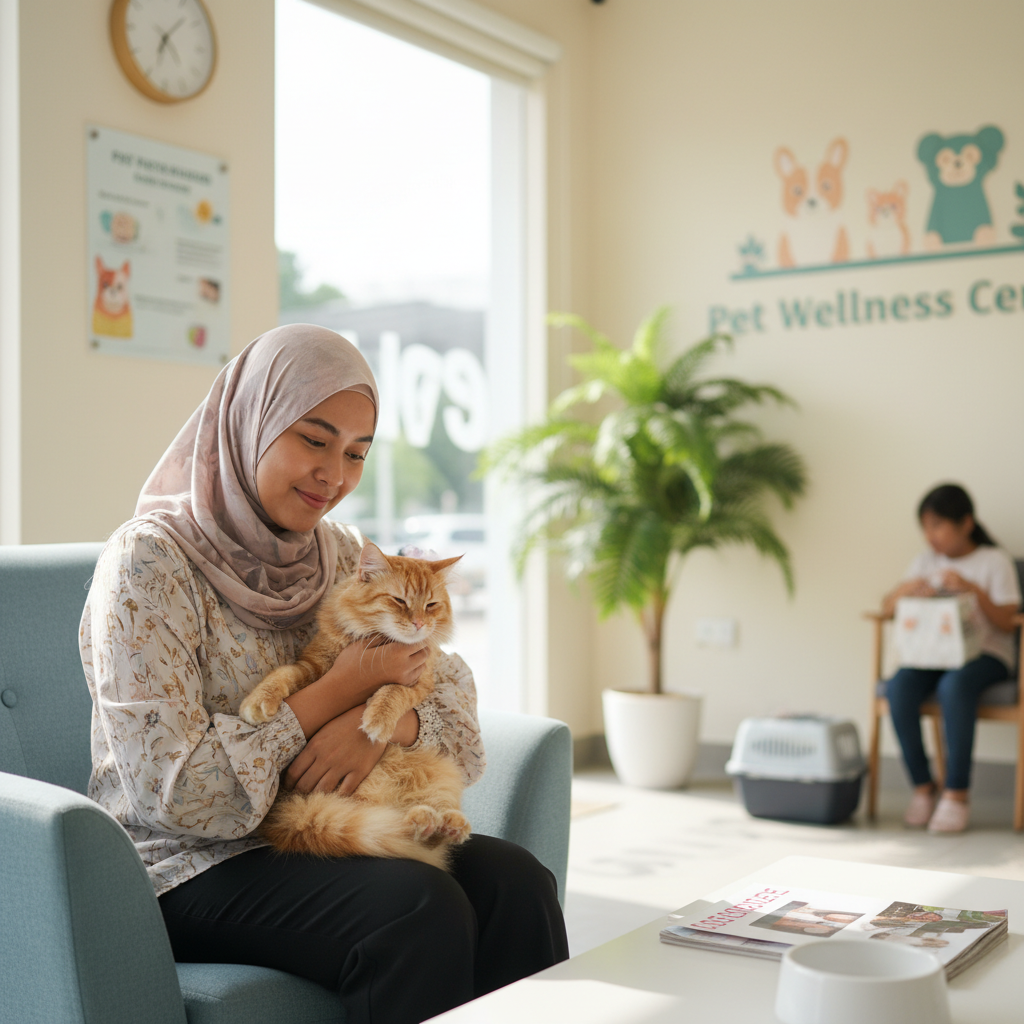 Cat owner holding her cat calmly in a veterinary clinic waiting room