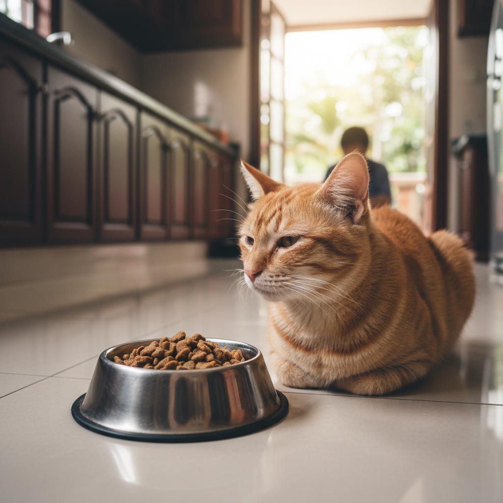 A cat turning away from a full food bowl, showing loss of appetite
