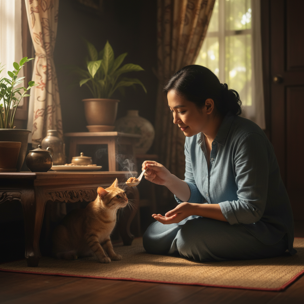 An owner gently offering warmed wet food by hand to tempt a reluctant cat to eat