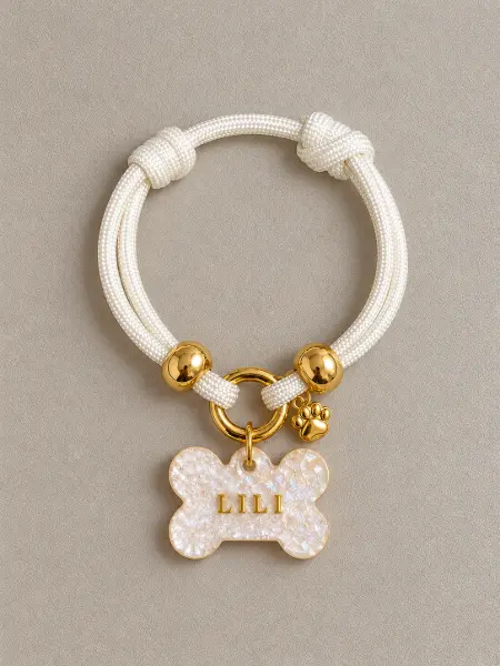 Collar simple + Placa Identificativa Lux Pet resina · Blanco perlado