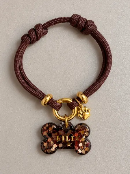 Collar simple + Placa Identificativa Lux Pet resina · Purpurina marrón chocolate