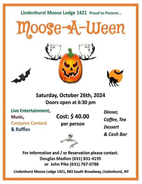 Flyer or image for Lindenhurst Moose Lodge 1421 “MOOSE-A-WEEN”