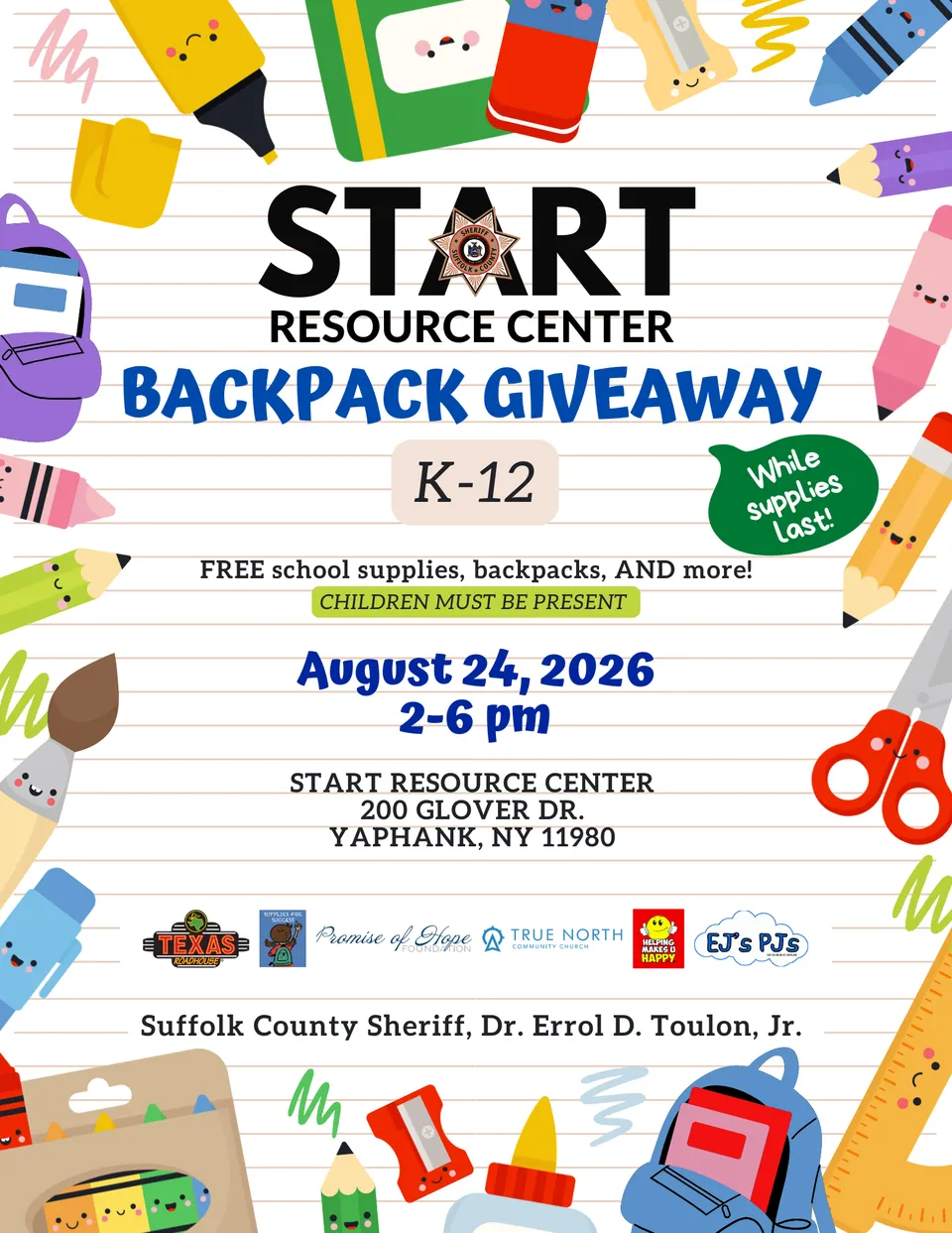 Flyer or image for Suffolk County Sheriff’s Office START Resource Center Backpack Giveaway