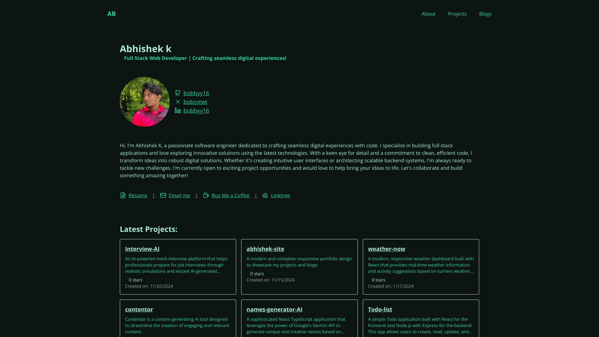 Abhishek  K's Full Stack Developer portfolio screenshot