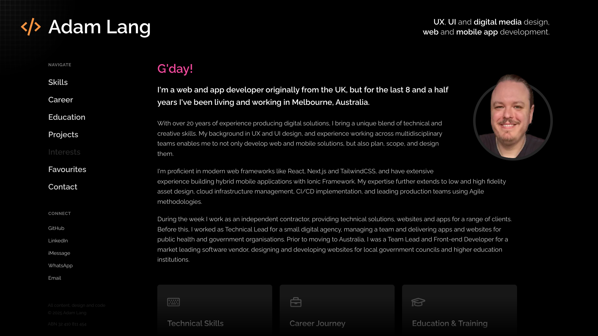 Adam Lang's Full Stack Developer portfolio screenshot