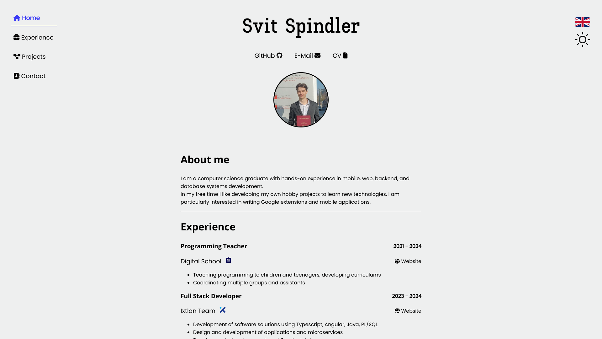 Svit Spindler's Full Stack Developer portfolio preview