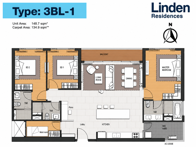 Empire City - Layout điển hình 3 phòng ngủ Linden Residences floor plan / Empire City - Typical 3 bedroom layout Linden Residences - sơ đồ mặt bằng