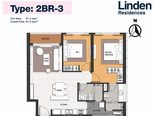 Empire City - Layout điển hình 2 phòng ngủ Linden Residences floor plan / Empire City - Typical 2 bedroom layout Linden Residences - sơ đồ mặt bằng
