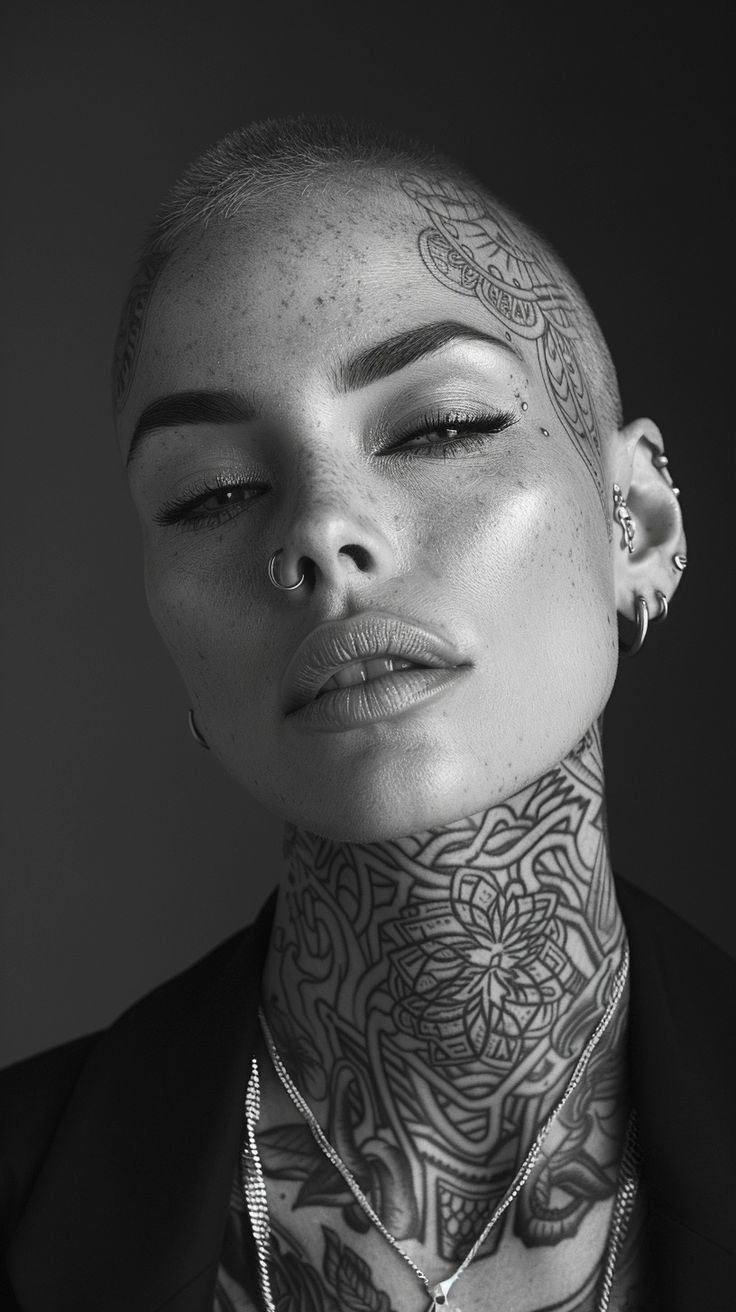 Neck tattoo with piercings | Nice