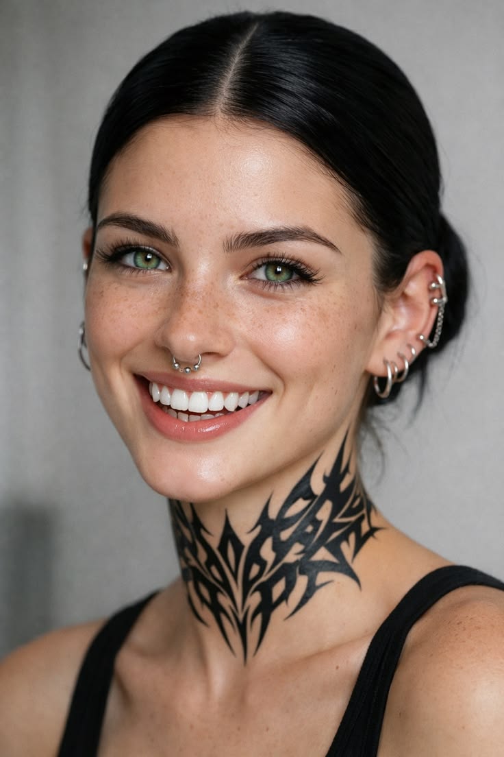 Green eyes with neck tattoo