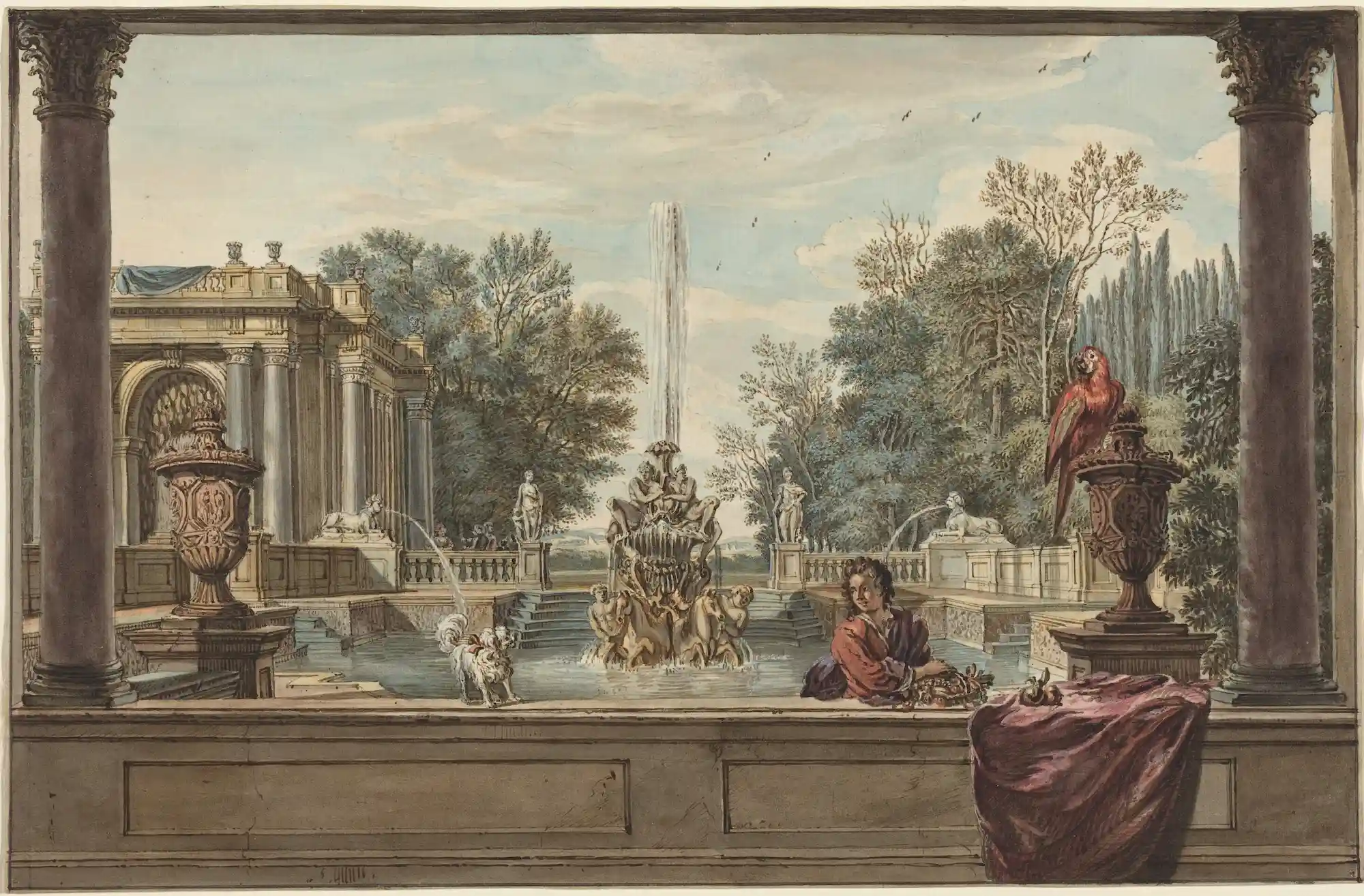 An Italianate Garden with a Parrot, a Poodle, and a Man, by Isaac de Moucheron
