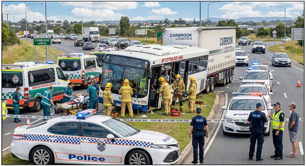 Emergency crews respond to serious bus and truck collision in Carbrook