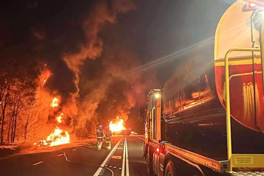 Three cars catch fire on Bruce Highway near Gladstone as emergency crews respond