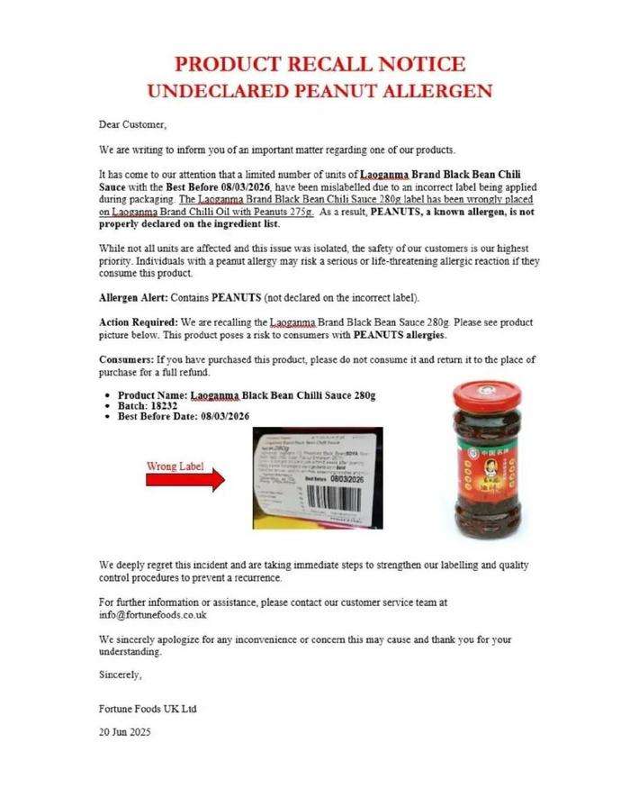 LGM Hot Chilli Oil recalled nationwide over undeclared peanut allergen