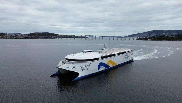 World’s largest electric ship begins journey from Hobart after major loading operation