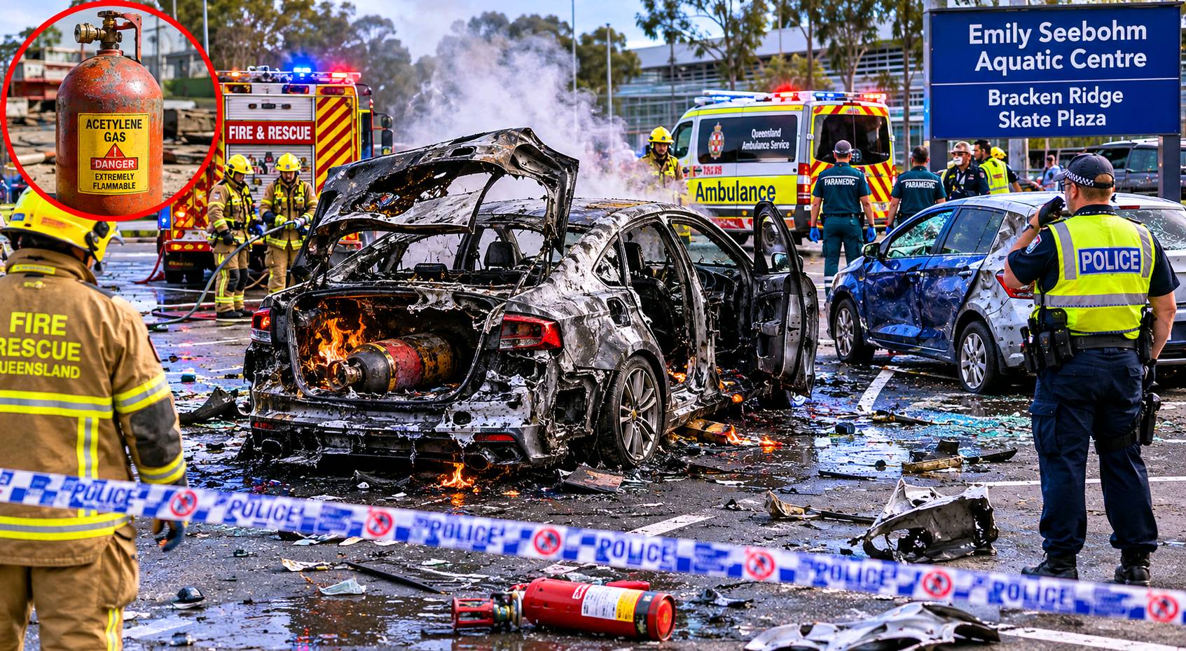 Emergency services at the scene of a car fire in a car park in Fitzgibbon.